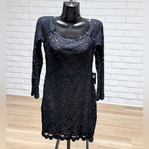 Black Lace Long-Sleeve Scoop Neck Dress by